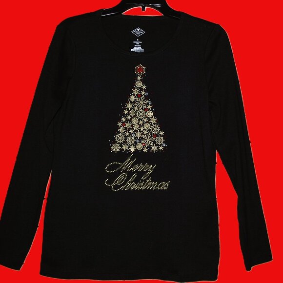 Christmas Tree Gold rhinestone long sleeved shirt XS S M L XL XXL 1X 2X 3X 4X 5X - Picture 3 of 9